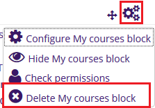 delete my courses block option in actions menu
