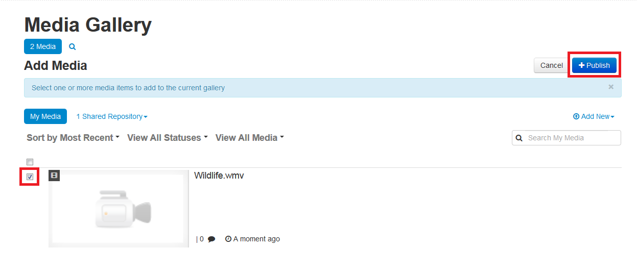 Select video and click publish