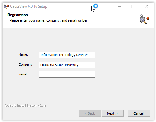 entering information and serial number for gausview install