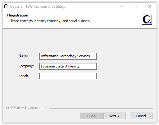 entering information and serial number for gaussian install