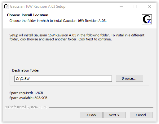 choosing install location for gaussian