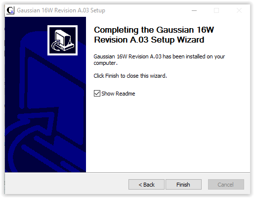 installation completion window for gaussian setup