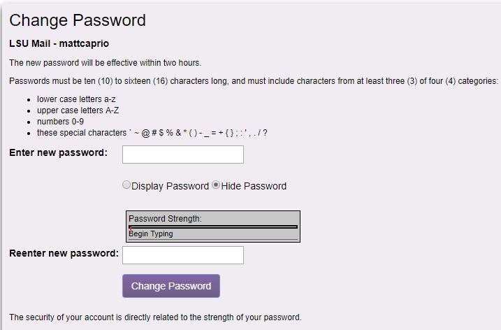 myLSU change password screen
