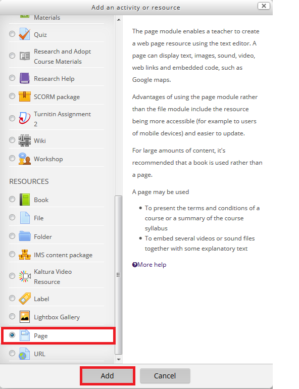 page is selected on menu