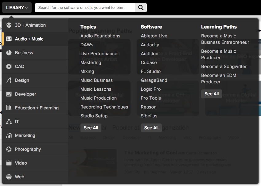 Library Menu with Audio + Music tab selected at the left, and Topics, Software, and Learning Paths columns on the right