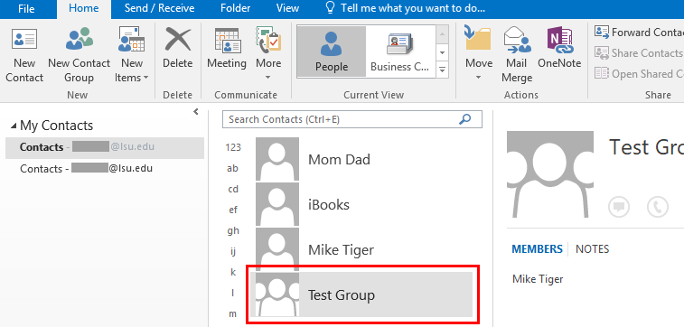 Test Groups location in People section of Outlook