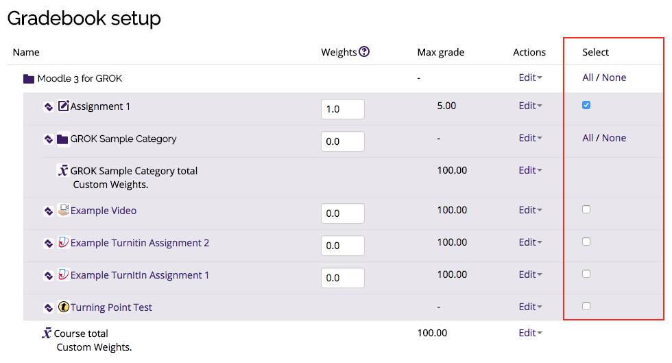 Select option in the Gradebook setup window