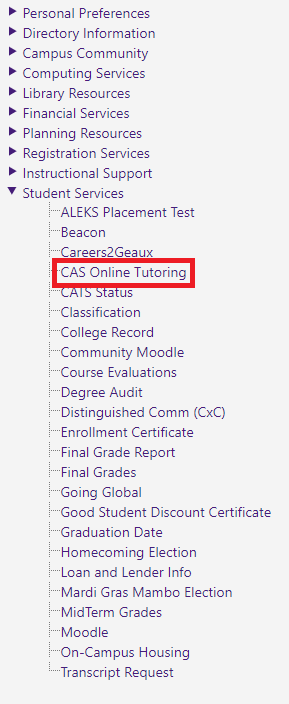 CAS Online Tutoring highlighted at the left hand side panel.