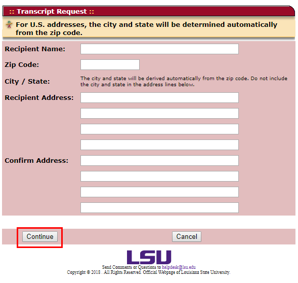 Mailing address field with continue at bottom left - do not type in city and state