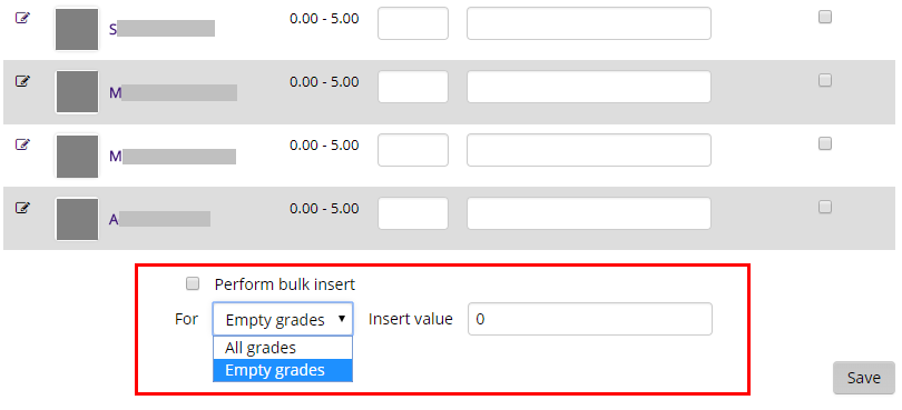 Bulk Insert section at bottom of student grades