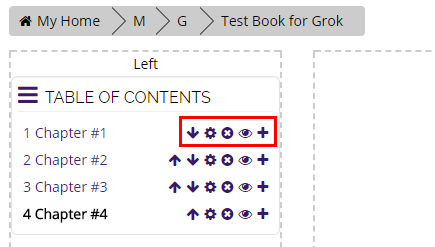 Table of Contents editing icons at the top left of a Book
