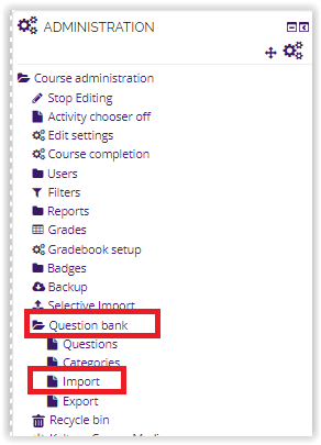 import entries link in question bank folder