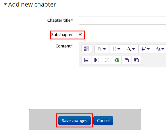Entering sub chapter title and content, with subchapter checkbox just under the title box