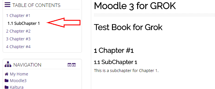 Sub chapter displayed with arrow pointing at its title in the table of contents