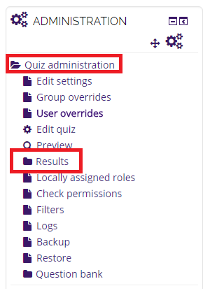 Administration box with the quiz administration and results sections highlighted
