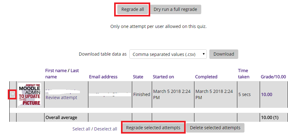 display options tab with regrade all, checkbox, and regrade selected attempts buttons highlighted
