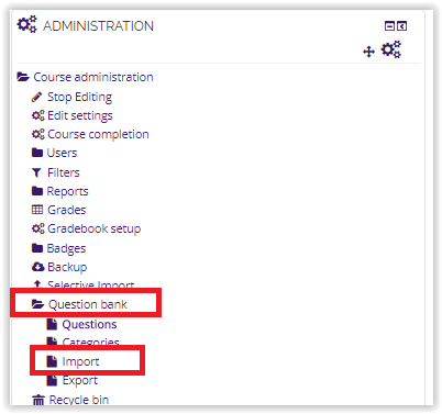 import questions in admin block moodle