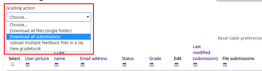dropdown menu with download all submissions selected