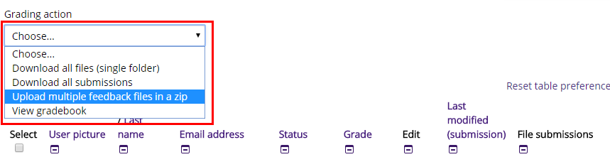 dropdown menu with upload multiple feedback files selected