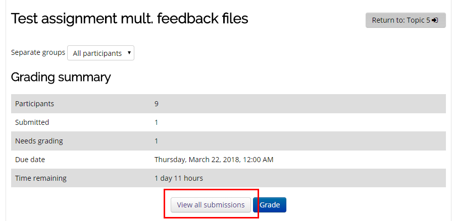 Assignment window with view all submissions button highlighted
