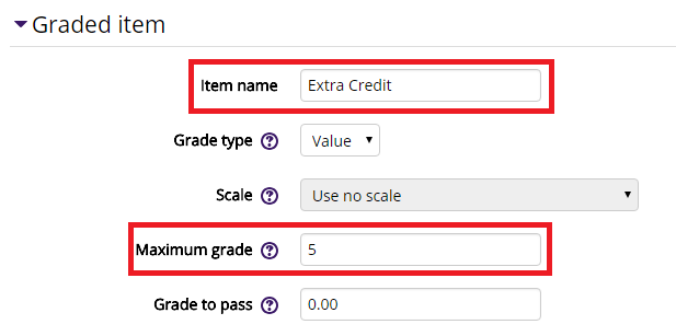 Graded item menu displaying Item name and Maximum grade