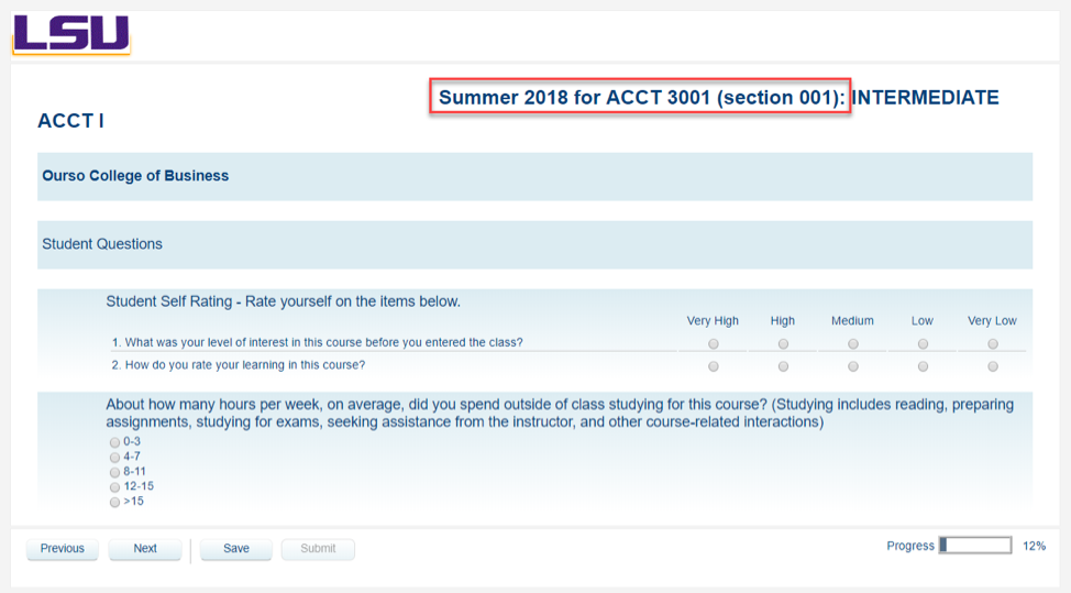 Course and Section header highlighted with course evaluation below