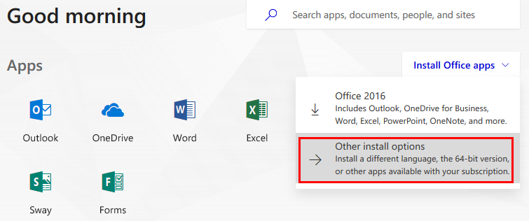 Install Office Apps located at the top right corner of screen. Other install options highlighted 