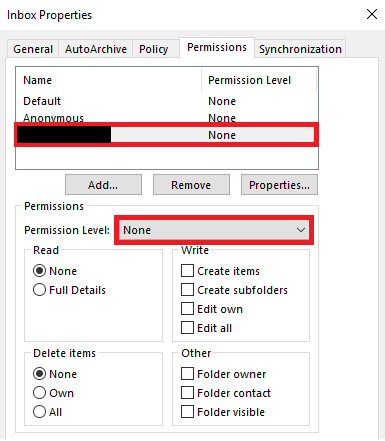 Permissions tab in inbox properties window with person's name and permission level drop-down menu highlighted