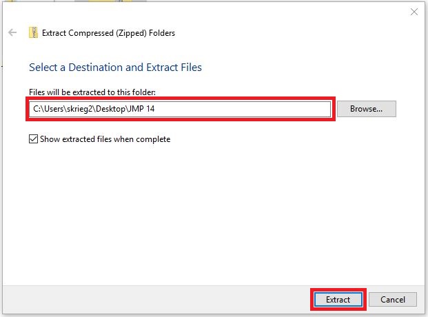 Select a Destination and Extract Files popup window