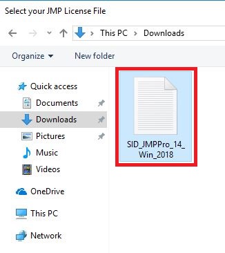 Select your JMP License File SID_JMPPro_14_Win_2018 selected