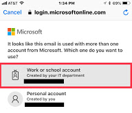 Account selection page with work or school account selected.