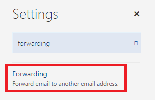The word "forwarding" is typed into the search box and the forwarding option has a red box outlined.