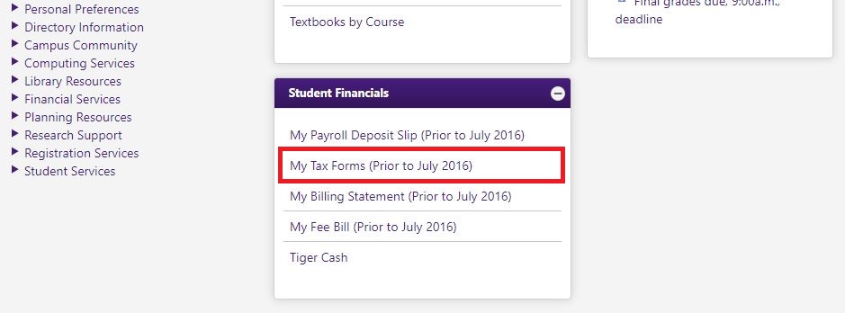 Student financials section, my tax forms (prior to july 2016) selected