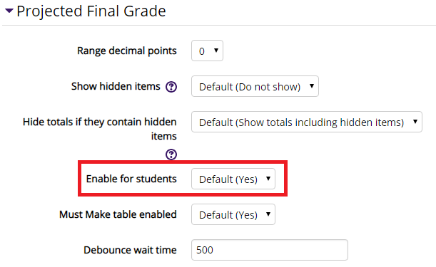 The enable for students option in the projected final grade menu