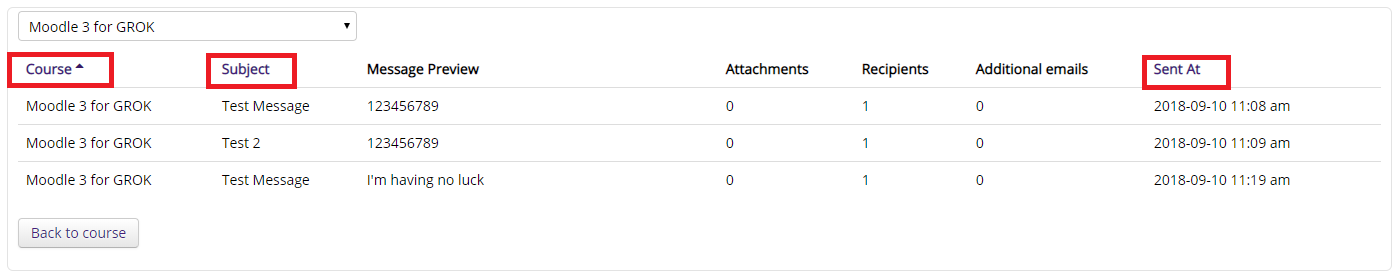 view sent messages, course, subject, and sent at highlighted