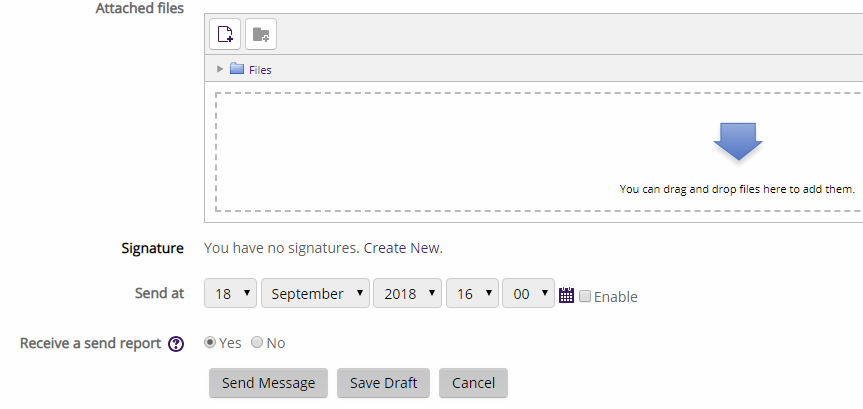 Options for file attachments, signatures, send dates, and send reports.