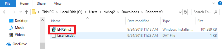 Endnote x9 folder, ENX9Inst executable file highlighted