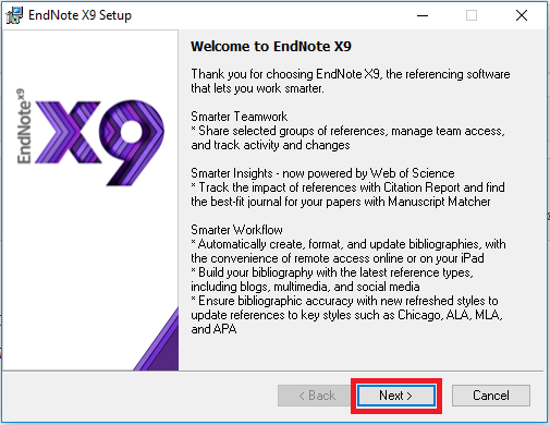 Endnote X9 installer window 1, Next highlighted