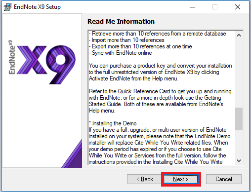 Endnote x9 installer read me window, next highlighted
