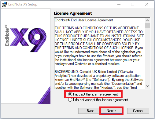 Endnote x9 installer license agreement window, accept and next highlighted