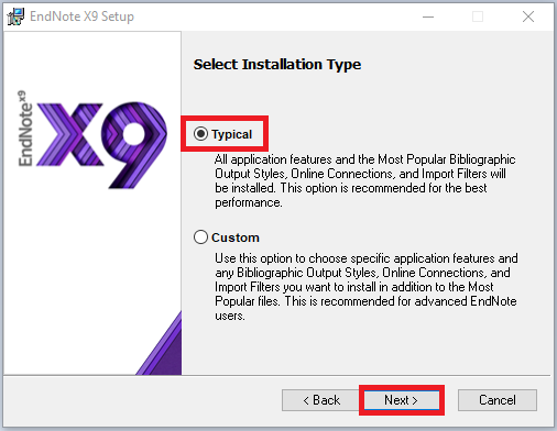 Endnote x9 installer installation type window, typical and next selected