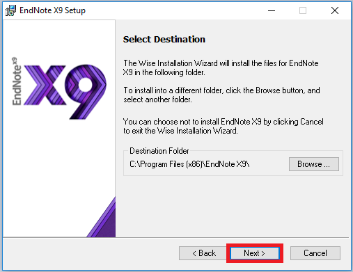 Endnote x9 installer destination window, next highlighted