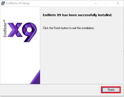 endnote x9 installer, finish highlighted
