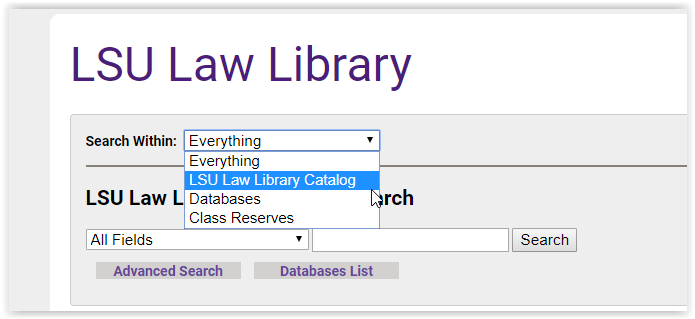 LSU Catalog tab in LSU Law Library