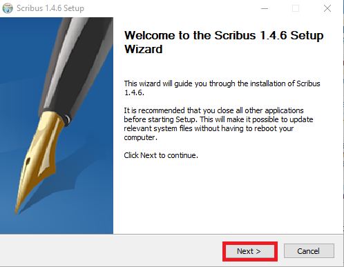 scribus install wizard first dialog box, next highlighted