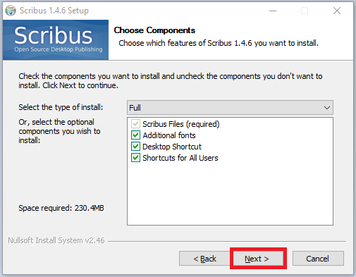 scribus install wizard component selection, next highlighted