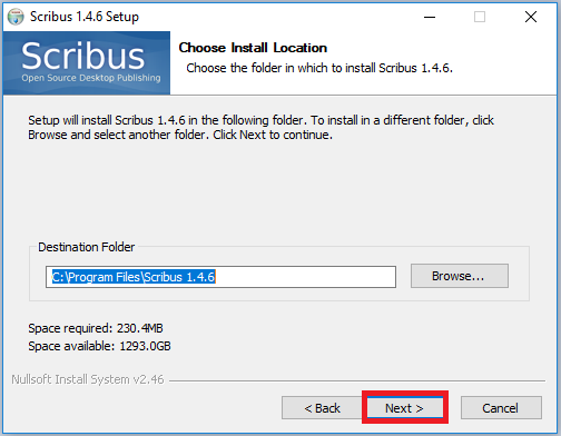scribus install path selection, next highlighted