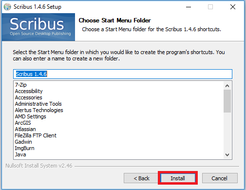 scribus start menu folder selection dialog box, next highlighted