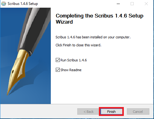 scribus install wizard dialog box, finish highlighted