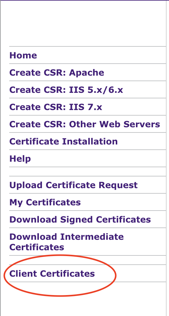 Screenshot of PKI website menu with client certificate highlighted